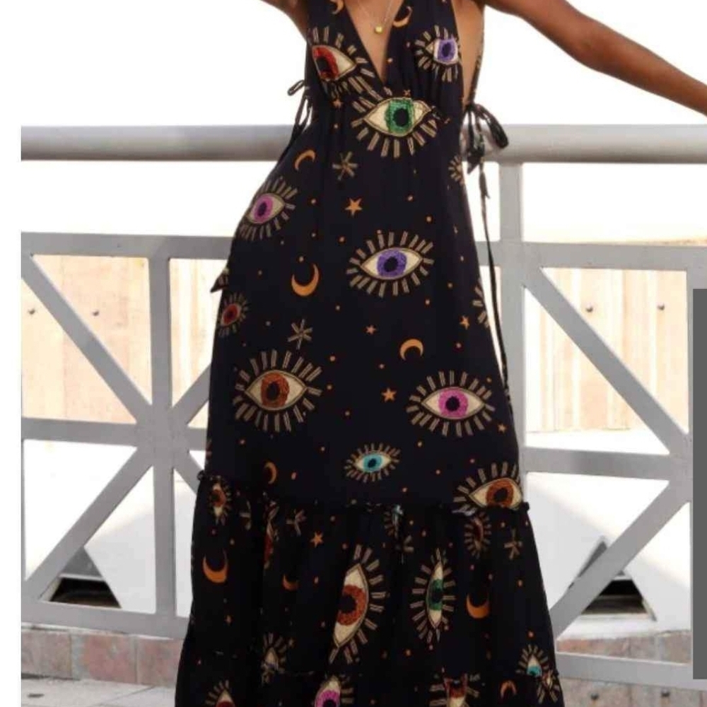 Bohemian Eye Print Maxi Dress - Black